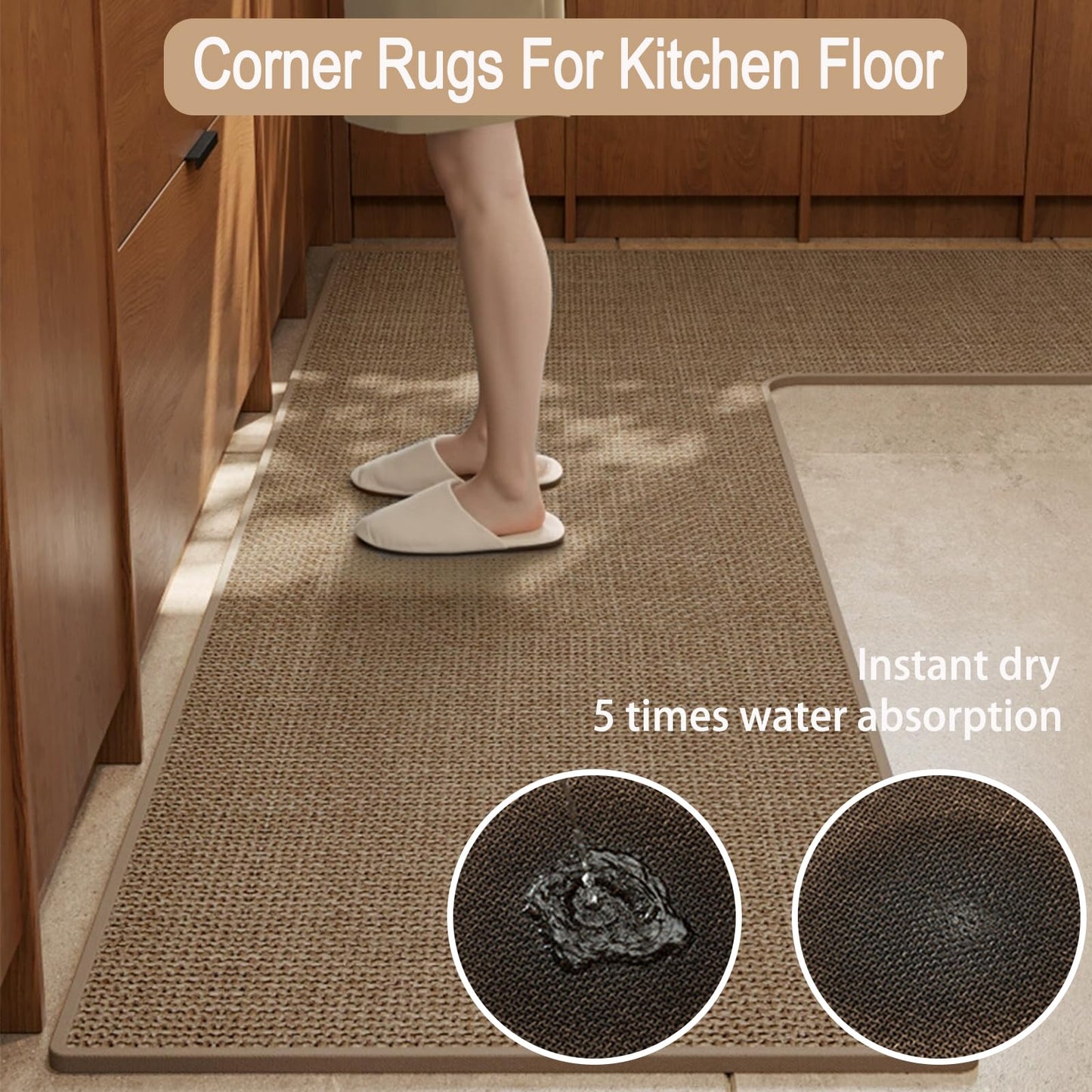 L Shaped Rug Corner Kitchen Rugs Non Slip Washable Mat, L-Shaped Rug Super Absorbent Corner Kitchen Mats Rubber Waterproof Corners Area Runner Kitchen Sink Floor Mat (Khaki Left-L, 31.5″X47.2″X17.7″)