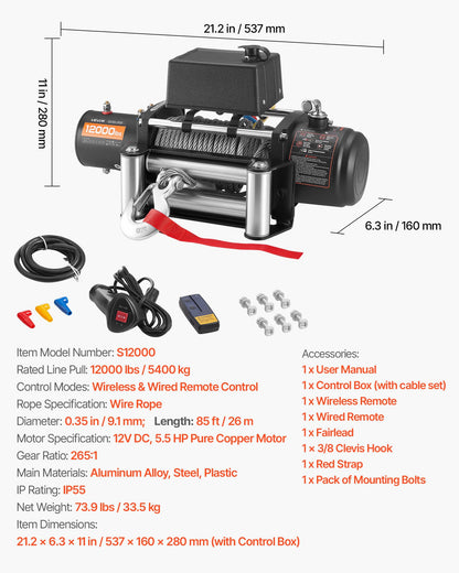 VEVOR Truck Winch 12000lbs Electric Winch 85ft/26m Steel Cable 12V Power Winch Jeep Winch with Wireless Remote Control and Powerful Motor for UTV ATV & Jeep Truck and Wrangler in Car Lift