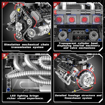 Mini V8 Engine Kit That Runs - Build Your Own STEM V8 Model Engine Kit for Adults8-Cylinder Engines Building Block Sets Mechanic Engineering Construction Toy for Youth &amp Teens (715 PCS)