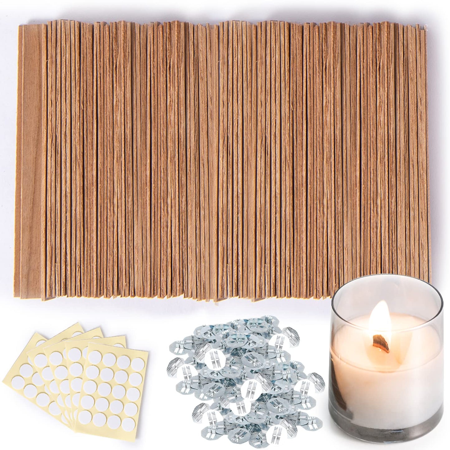 Ziosxin 300 Thicken Smokeless Wooden Candle Wicks - Long Lasting Flame - Easily Burn, 1.2mm Thickness 5.1" X 0.5" Candle Cores with Iron Stand and Glue Dot for DIY Candle Making Craft