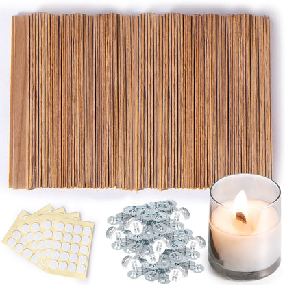 Ziosxin 300 Thicken Smokeless Wooden Candle Wicks - Long Lasting Flame - Easily Burn, 1.2mm Thickness 5.1" X 0.5" Candle Cores with Iron Stand and Glue Dot for DIY Candle Making Craft