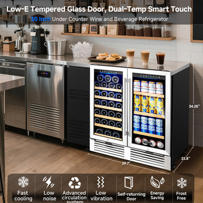 BODEGACOOLER Wine and Beverage Refrigerator,30 Inch Under Counter Commercial Beverage Refrigerator, Large Capacity Back Bar Cooler With 2 Glass Doors,LED Lighting Display Beer Wine Soda Drinks.