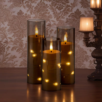Pandaing 18 Pack Flameless Battery Operated LED Candles with Remote and Timer, Flickering Candles with Embedded Star String for Romantic Ambiance and Home Decoration, Stable Acrylic Shell (Grey)