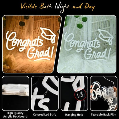 Congrats Grad Neon Sign with Graduation Cap, 16*11In Warm White Grad Light Up Led Sign for Class of 2026 Graduation Party Decorations Prom Celebration Gifts Kindergarten High School College Wall Decor