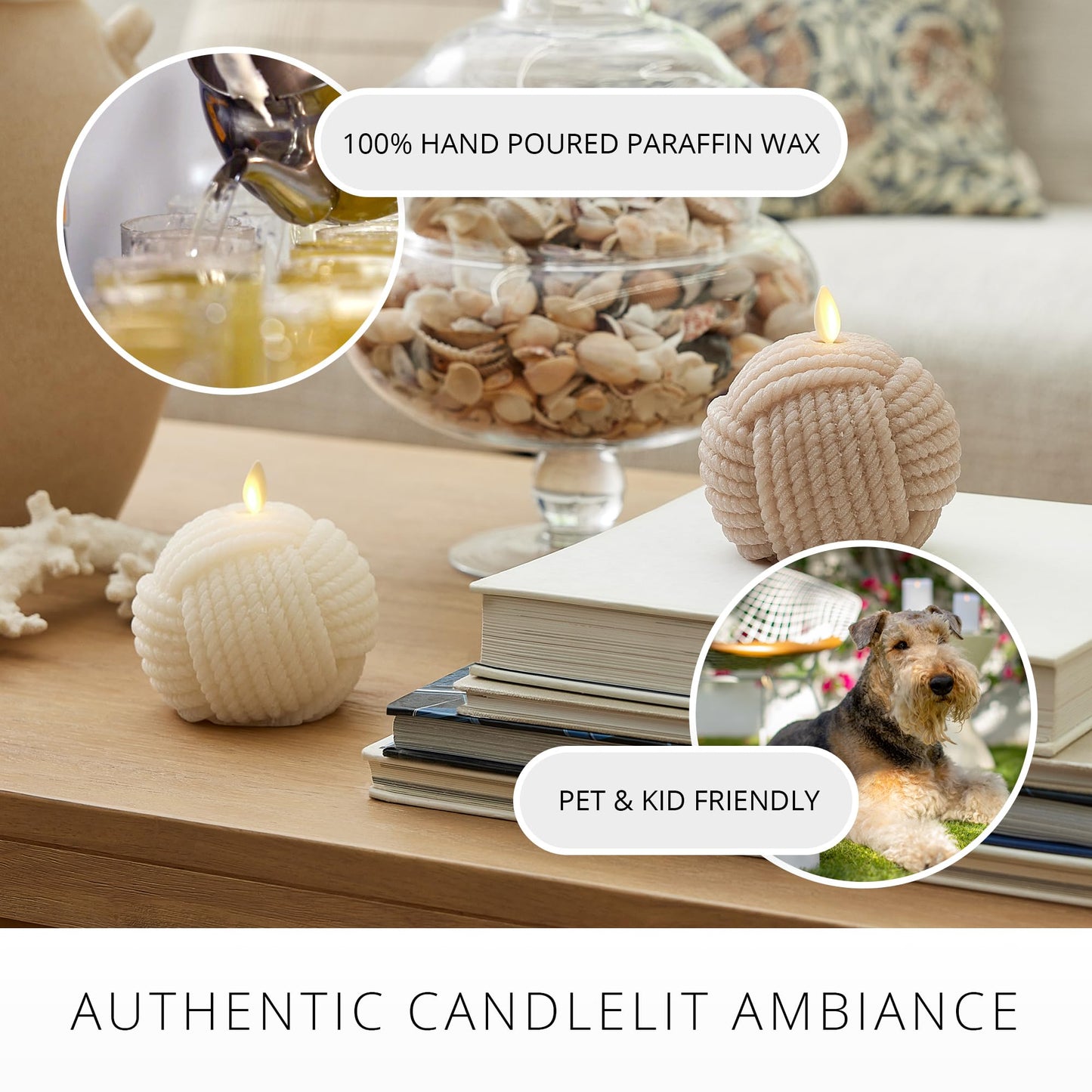 Luminara Moving Flame LED Candle - Unscented Real Wax Chalk Rope Ball - Timer, Flameless Flickering for Home, Centerpiece, Coastal Christmas Decor