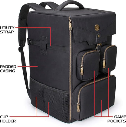 ENHANCE Board Game Backpack - Reinforced Rigid Board Game Storage with Padded Shoulder Straps Carrying Handle and Accessories Pockets for Dice Cards More - Fits and Protects Tabletop Adventures