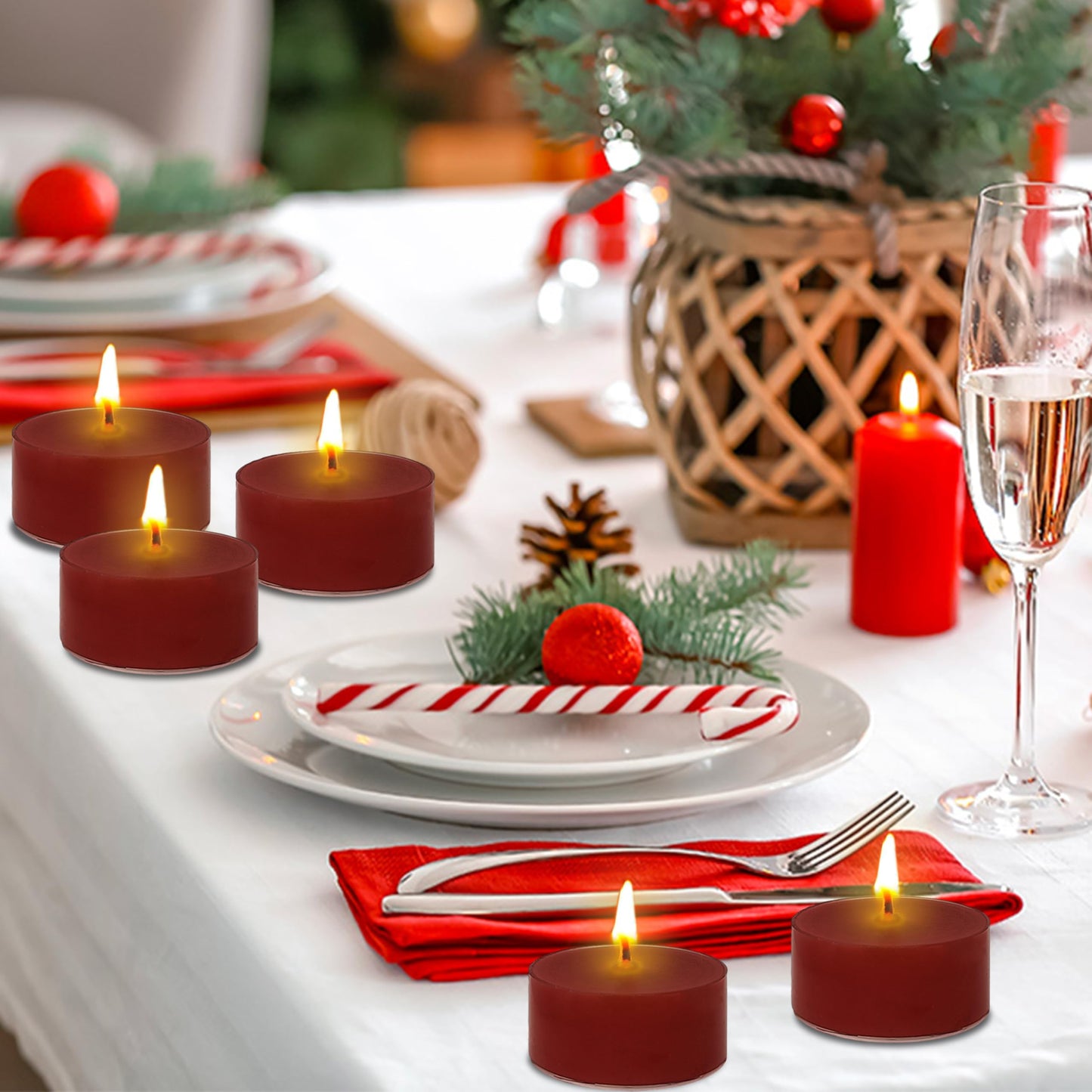 Christmas Red Scented Tealight 12 Pack Round Apple Scented Tealight Candles 4 Hour Burn Time Tea Candles for Holiday Christmas Halloween Thanksgiving Valentine's Day Scents, Gifts for Woman