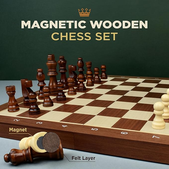 2 in 1 Magnetic Chess Set &amp Checkers Board Game for Adults and Kids - 15 Chess Tournament Chessboard with Magnetic Pieces - Free E-Book with Chess Puzzles