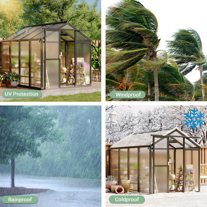 GarveeHome 6X8 FT Greenhouse, Walk-in Greenhouse Kit with Aluminum Frame, Polycarbonate Panels, Adjustable Roof Vent, Sliding Door, Secure Lock for Outside Garden, Patio, Backyard