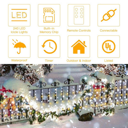 suddus Christmas Icicle Lights for Outside with 24 Drops, 23.6ft 240 Led Hanging String Lights Outdoor Waterproof, Plug in Connectable Christmas Twinkle Lights for House, Roof, Railing, Wedding Party