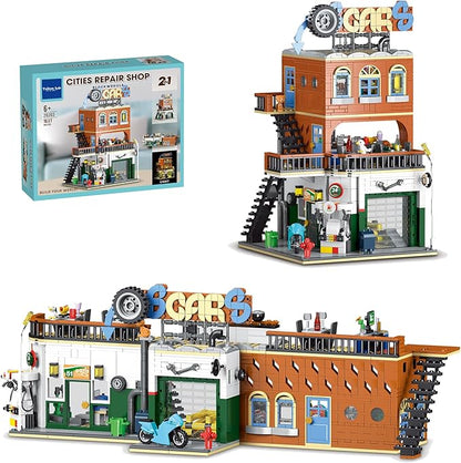 2 in 1 Automotive Car Repair Shop Building Block Toy Set City House Model Kit with LED Light Bricks for Adults and Childrens Gift (1637 pcs)