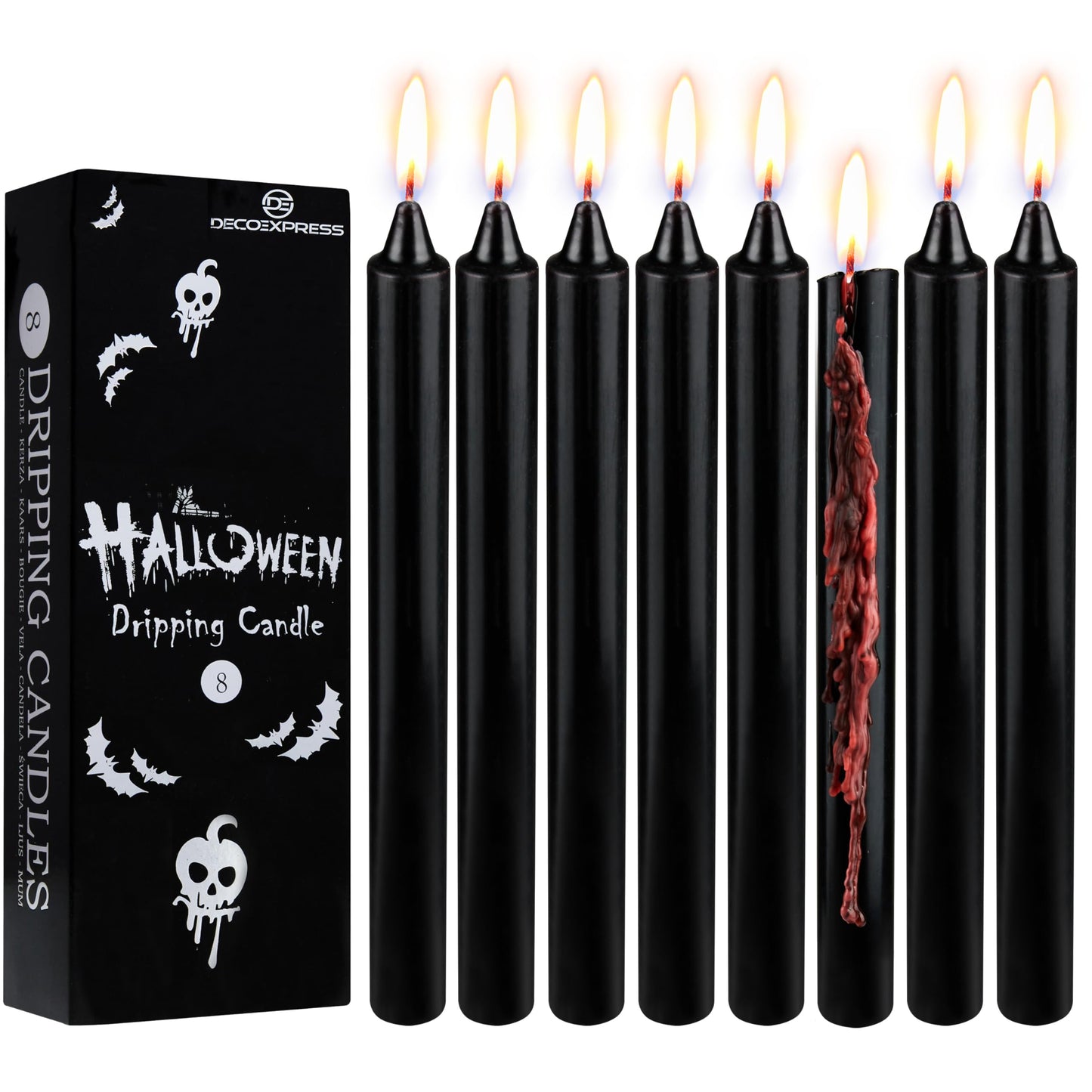 Deco Express Taper Candles Blood Drip Effect 8 Pack Halloween Decor 5 Hr Burn Gothic Table Centerpiece Black Party Candles Goth Gifts (Black Drip)