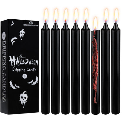 Deco Express Taper Candles Blood Drip Effect 8 Pack Halloween Decor 5 Hr Burn Gothic Table Centerpiece Black Party Candles Goth Gifts (Black Drip)