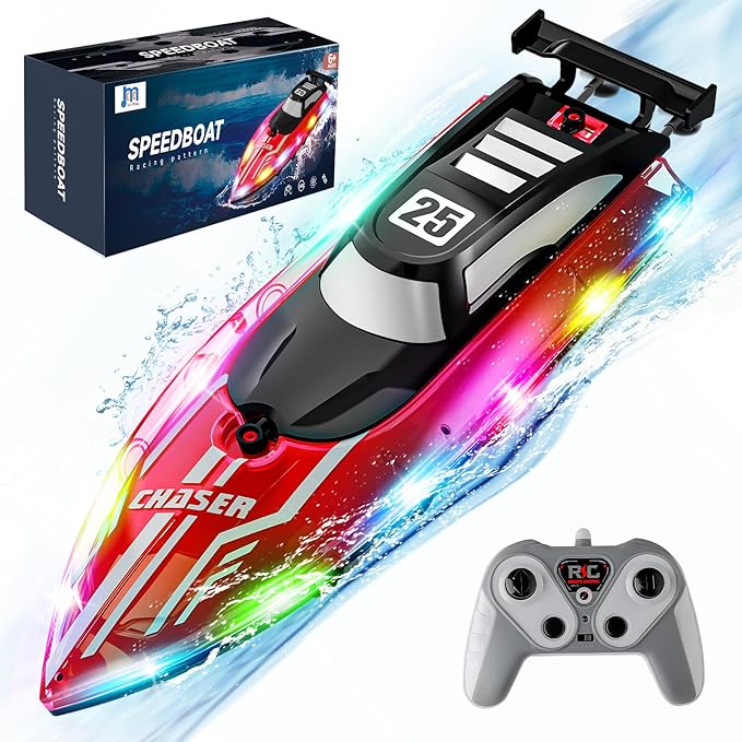 RC Boat for Kids with LED Lights 2.4Ghz Remote Control Racing Boats for 8-12Toy Water Boat for Pools &amp Lakes with WaterproofRechargeable Battery for Boys Girls RED