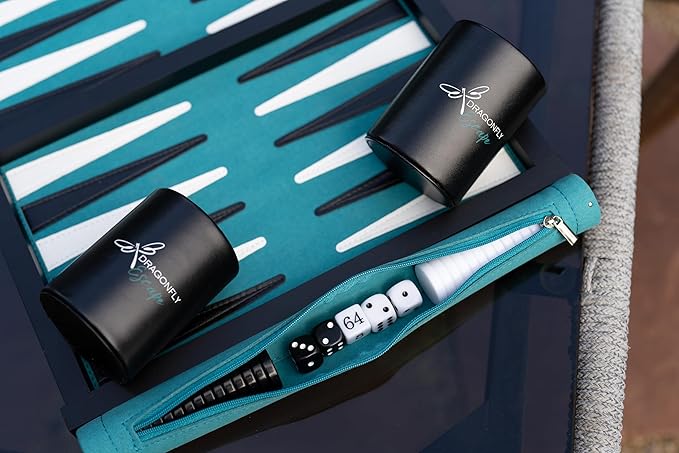 Travel Backgammon Set Deluxe – Roll-Up Board with Magnetic Wooden Frame Dice Cups and Bag - Unique Travel Backgammon Set for Adults