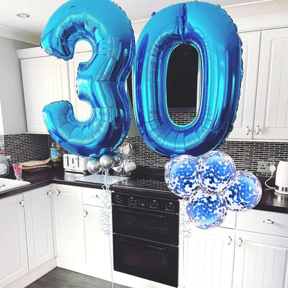 40 Inch Number 30 Foil Balloons, Large Blue 30th Birthday Digital Balloons with Blue Confetti Helium Balloons, Number 0 and 3 Helium Balloons Self Inflating for Men Women Anniversary Party Decorations