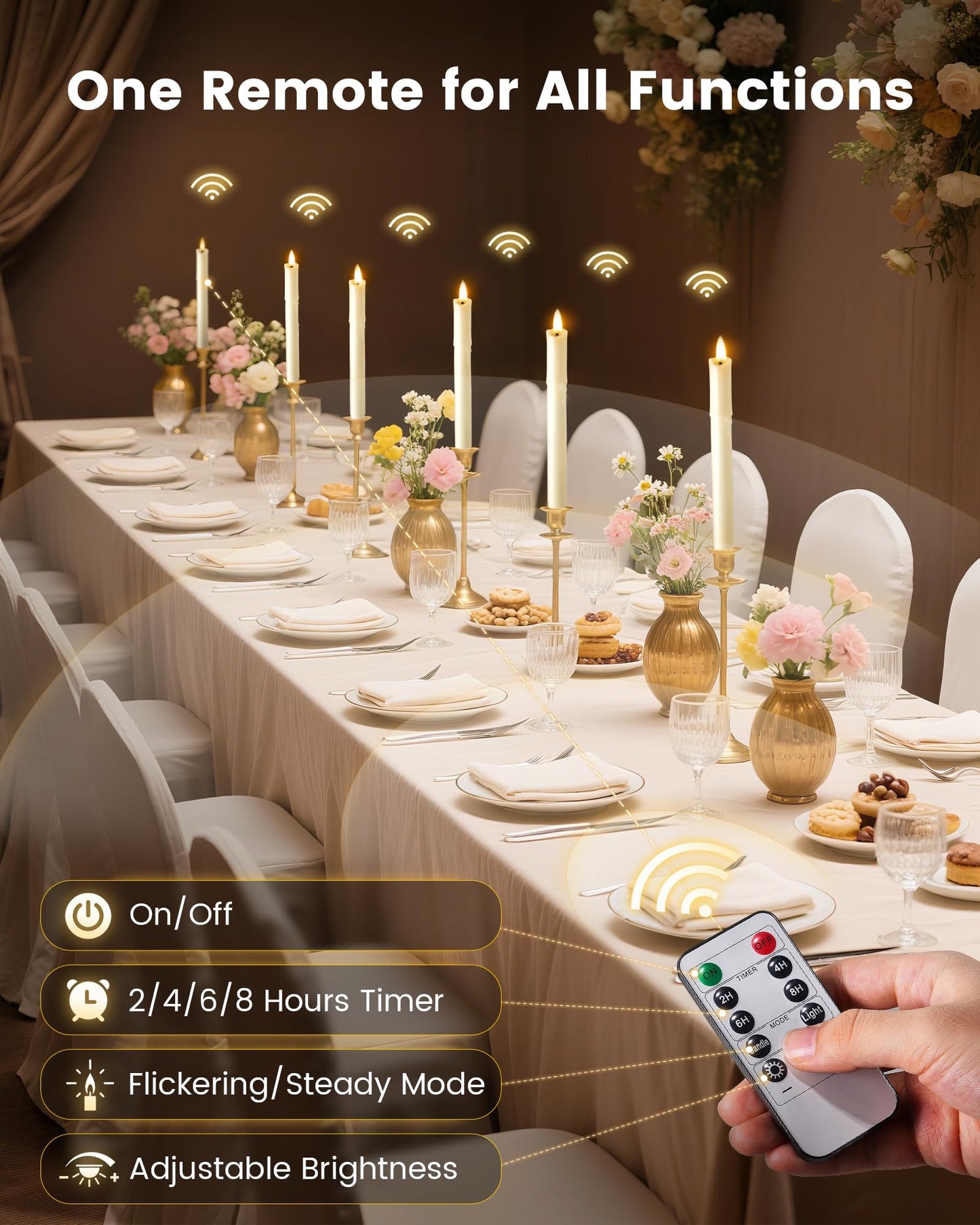 otnofok Flameless Taper Candles Real Wax with Remote, 9.6" x 0.78" LED Candlesticks Battery Operated, 3000K CCT for Wedding, Christmas, Dinner Table Centerpieces, 6 Pack, Ivory Melted Wax Look