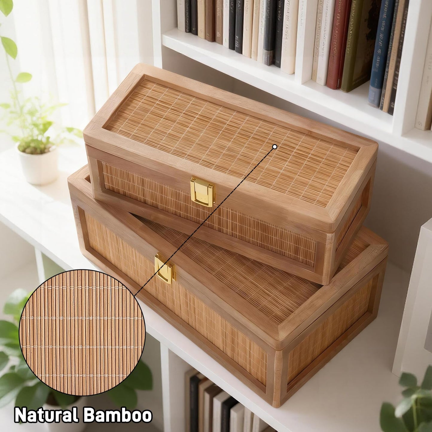 HuiDao Rattan Decorative Box, Boho Display Boxes with Lids, Set of 2 Rectangular Wicker Storage Basket, Natural Woven Cane Bins for Home Decor (Rectangular)