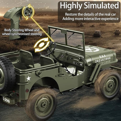 RC Jeep 1/10 Scale Willys Hobby RC Car Off-Road Military Crawler 2.4Ghz Military Truck 4WD RC Crawler with Light Tarpaulin Metal Shaft 4x4 Off Road Vehicle RTR Jeep Car 2 Batteries