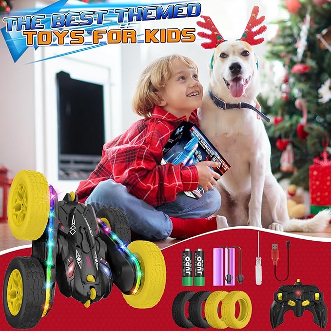 Remote Control CarRC Cars with Sides Light Strip and HeadlightsDouble Sided 360 Flips Rotating RC Stunt Car2.4Ghz All Terrain Toys for Ages 4-8 Kids Toy for Boys Birthday Gift(Black)