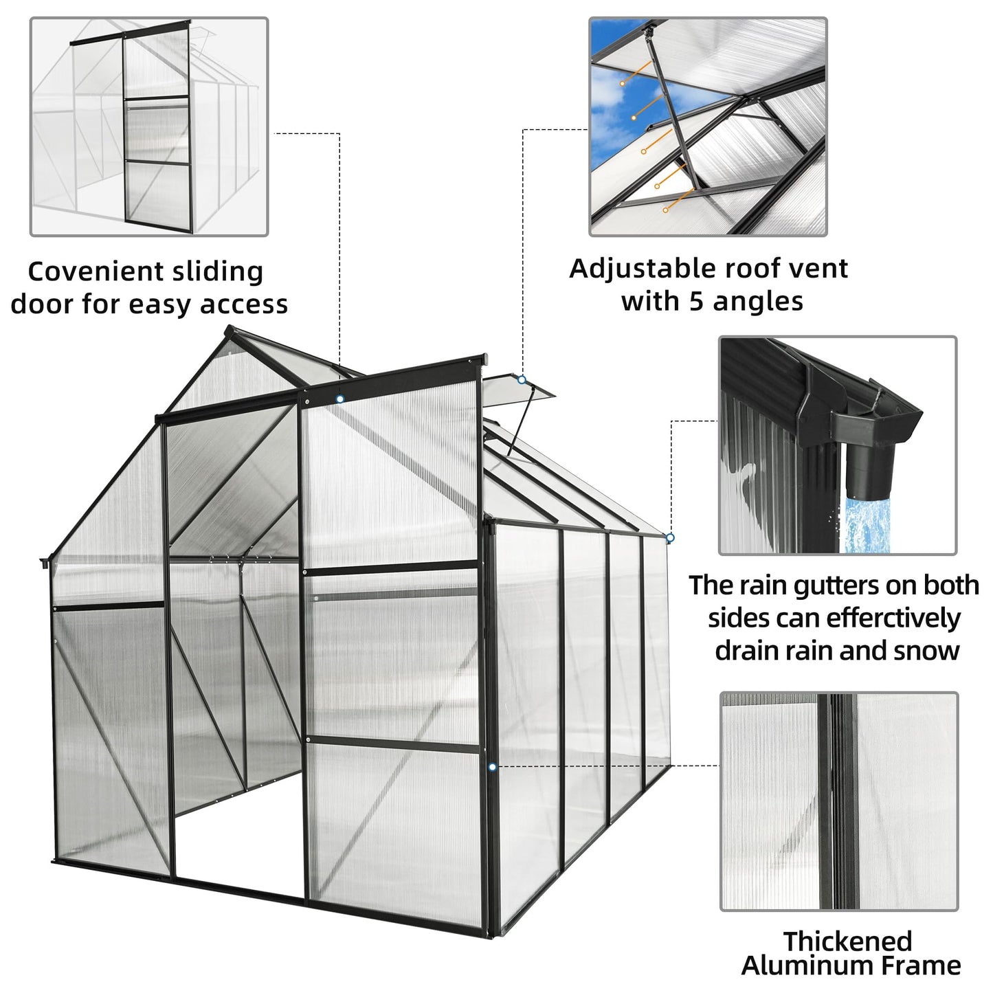 Acosure 6x8 FT Polycarbonate Greenhouse, Walk-in Garden Plants Heavy Duty Green House, Weatherproof Aluminum Hot House w/ Raised Base and Sliding Door & Vent for Outdoor Backyard, Black