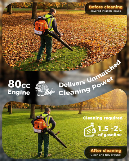 80cc Gas Backpack Leaf Blower, 900CFM 206MPH 2-Stroke Engine, Heavy-Duty Leaf & Snow Blower for Lawn, Garden & Commercial Use (Orange)