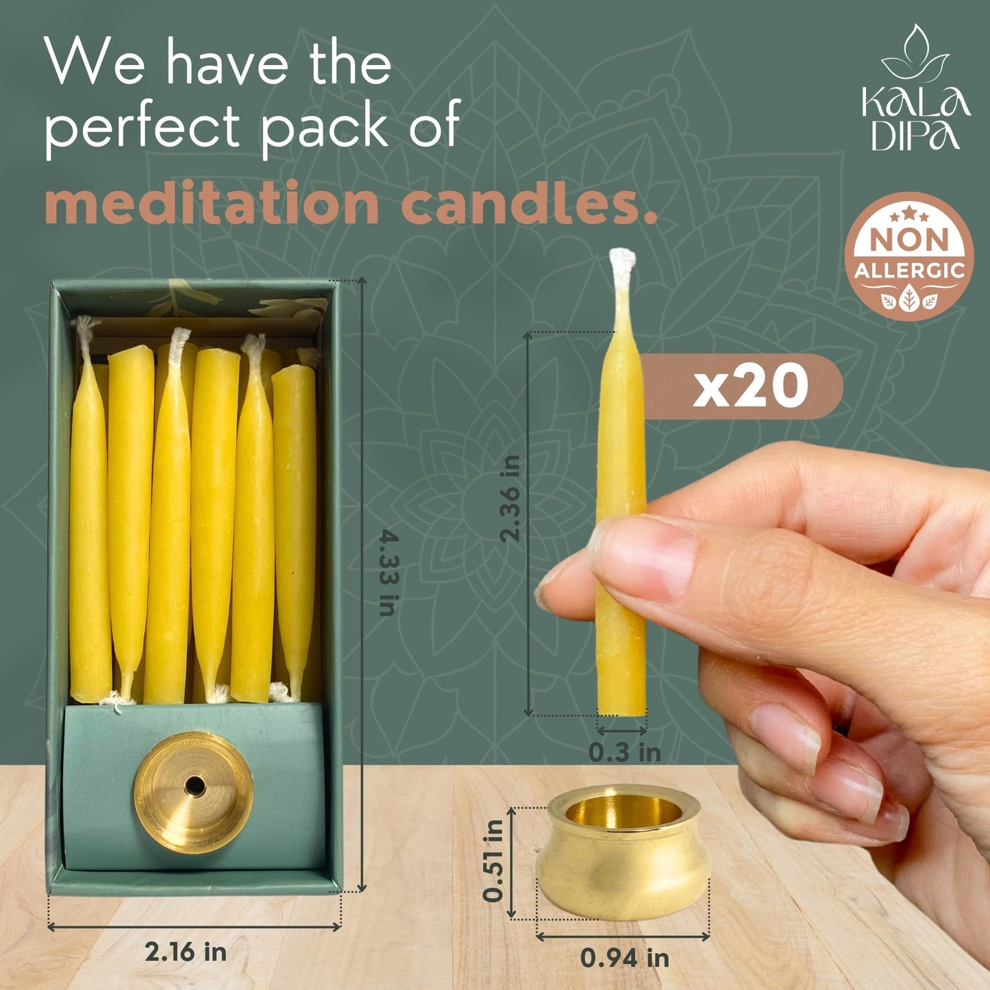 20 Minute Beeswax Meditation Candles – Set of 20 Mini Taper Candles with Brass Candle Holders, Dripless & Smokeless – Ritual, Yoga & Mindfulness Gift – KALA DIPA