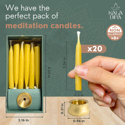 20 Minute Beeswax Meditation Candles – Set of 20 Mini Taper Candles with Brass Candle Holders, Dripless & Smokeless – Ritual, Yoga & Mindfulness Gift – KALA DIPA