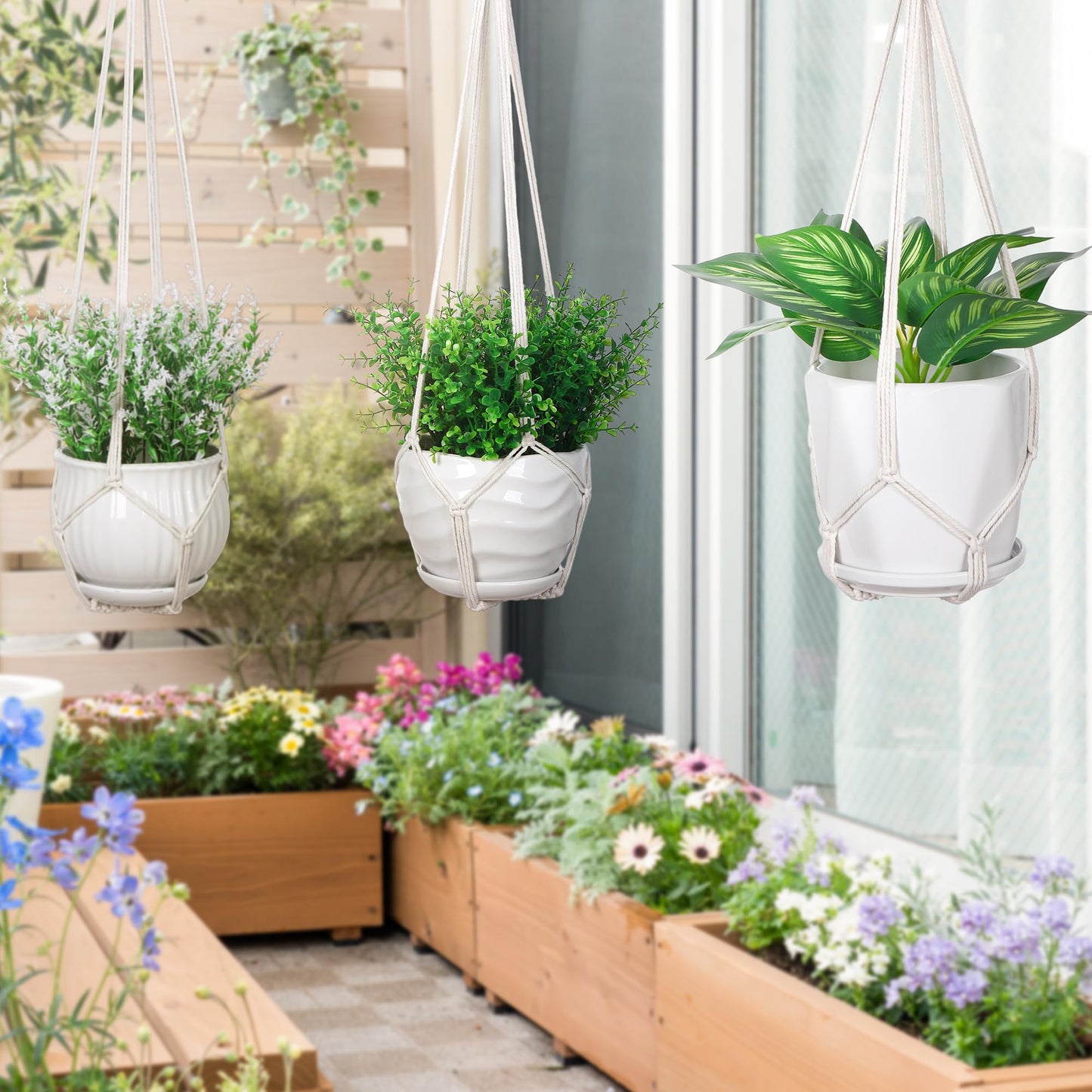 YIBOT 3 Pack Macrame Plant Hanger Indoor Hanging Planter Basket with 3 Hooks, 35"/29"/23" Crochet Plant Holder Stand No Tassels for Indoor Outdoor Boho Home Decor, Ivory (POTS NOT Included)