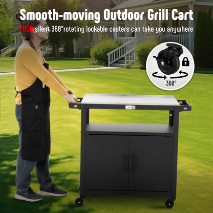 Feasto Outdoor Grill Cart with Stainless Steel Tabletop and Storage Cabinet, Movable Kitchen Island with Wheels for BBQ Food Prep, Black
