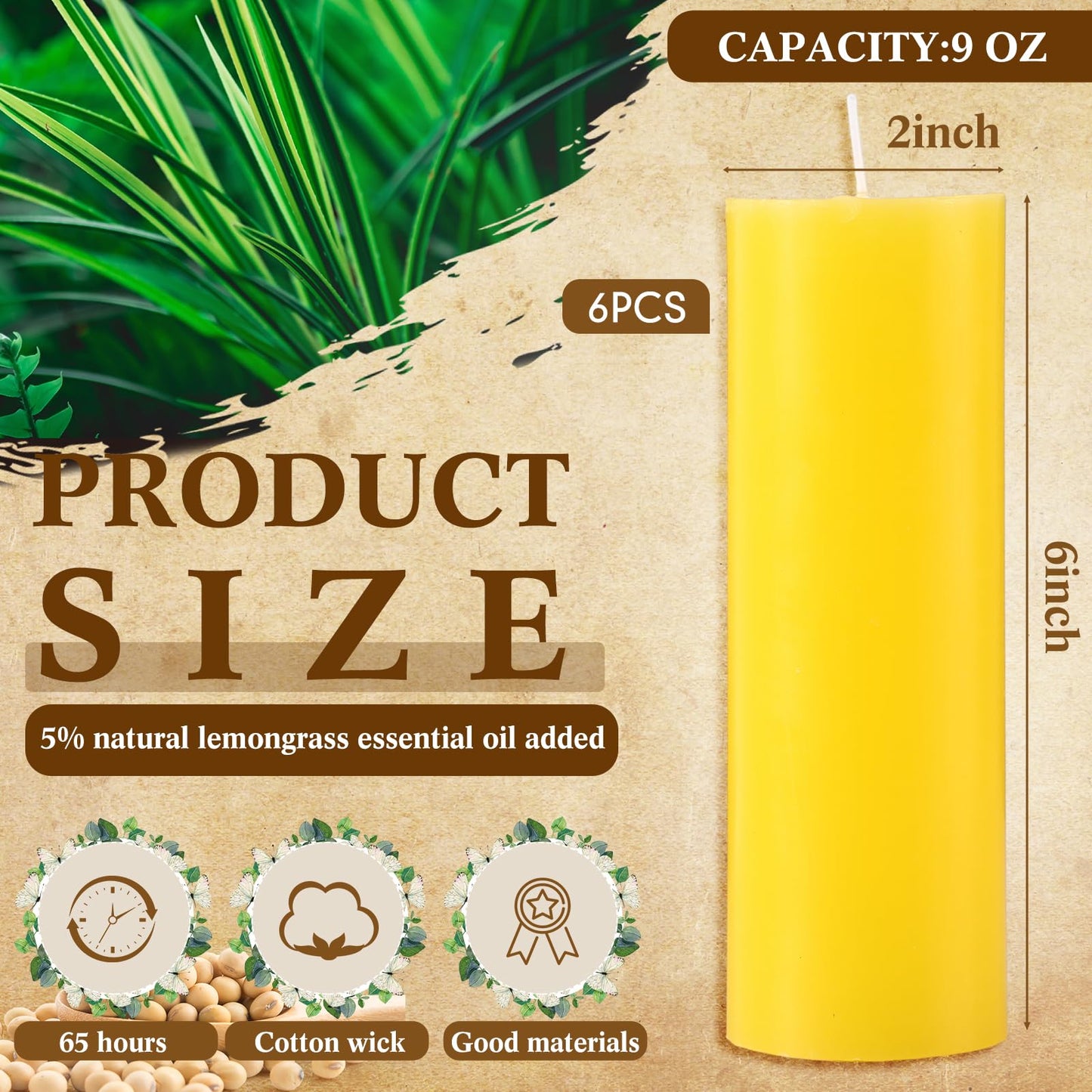 Lounsweer 6 Pcs 2 x 6 Inch Citronella Scented Pillar Candles Yellow Scented Candle for Home Indoor & Outdoor Use