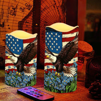 Uorisanigo USA Eagle Flag Floral Plastic Flameless Candles with Remote Control and Timer LED Flickering Battery Electric Pillar Candles for Table Patriotic Decoration