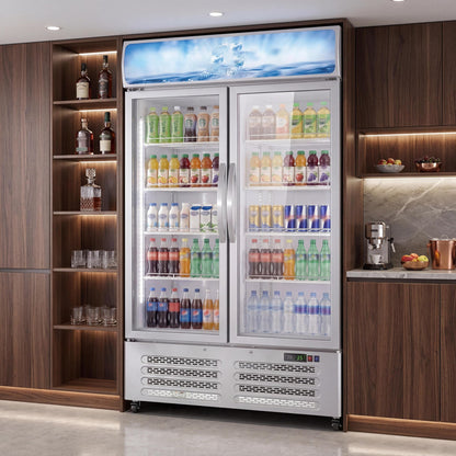 Commercial Refrigerator, 25.3 Cu Ft Commercial Merchandiser Refrigerator, Upright Beverage Display Cooler with 2 Glass Door and LED Light, Large Business Cooler for Home Restaurant Grocery Stores