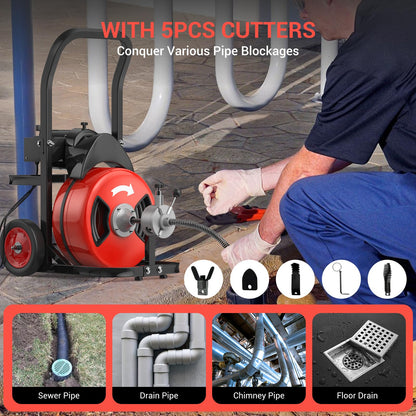 100Ft 3/4 Inch Electric Drain Cleaner Machine, 750W Auto Feed Sewer Snake Drain Auger with 6 Cutters & Air-Activated Foot Switch, Portable Electric Drain Cleaner for 4" to 8" Pipes