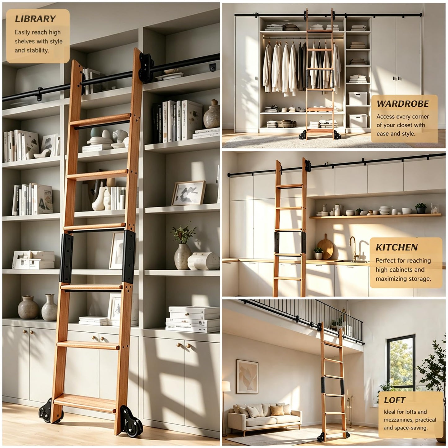 Leinuosen 95 Inch Rolling Library Ladder with 4ft Track Kit, Solid Oak Wood Ladder with Braking Wheels, Sliding Kit for Home, Bookshelf, Loft((Suitable for Installation Height 89-3/4")