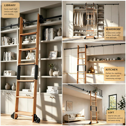 Leinuosen 95 Inch Rolling Library Ladder with 4ft Track Kit, Solid Oak Wood Ladder with Braking Wheels, Sliding Kit for Home, Bookshelf, Loft((Suitable for Installation Height 89-3/4")