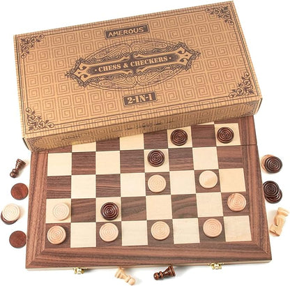 AMEROUS 15'' Wooden Chess &amp Checkers Set 2 in 1 Board Games -2 Extra Queens -24 Cherkers Pieces - Gift Box Packed - Chessmen Storage Slots Beginner Chess Set for Kids and Adults
