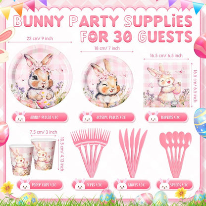 Honeydak 210 Pcs Pink Bunny Party Supplies for 30 Guests, Includes Spring Rabbit Plates, Cups, Napkins, Cutlery - Cute Pink Bunny Tableware Decoration for Baby Shower Easter Party