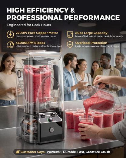 WantJoin Professional Commercial Blender With Shield Quiet Sound Enclosure 2200W Industries Strong and Quiet Professional-Grade Power, Self-Cleaning, Black