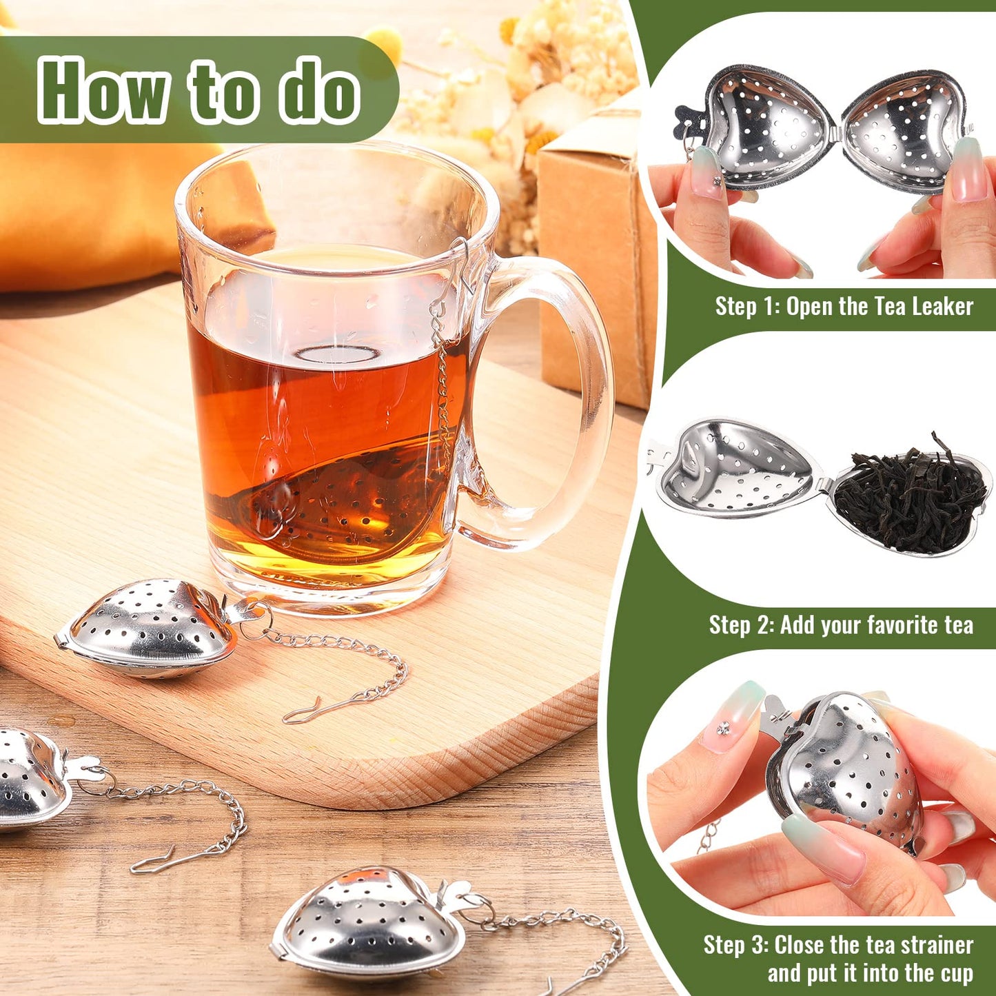 Sumind 100 Pcs Tea Strainer Stainless Steel Tea Ball Infuser Loose Leaf Tea Steeper Tea Interval Diffuser Heart Shape Mesh Tea Filters with Extended Chain Hook for Seasonings Cup Bottle (Silver)