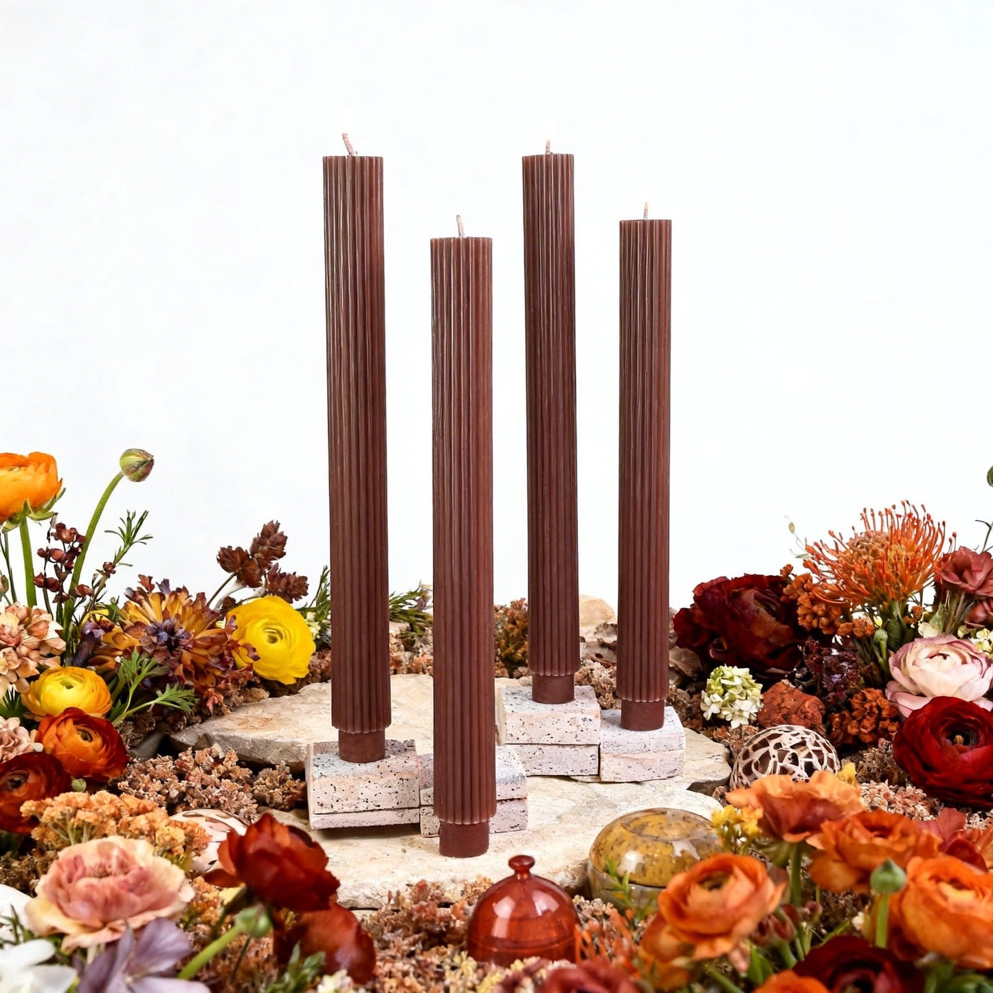 PAMELIFE 2 Pack | 10" Premium Unscented Ribbed Wick Taper Candles, Tall Ribbon Wax Dinner Unscented Modern Home Décor Soy Wax Handmade 12 Hours candlesticks (Brown)