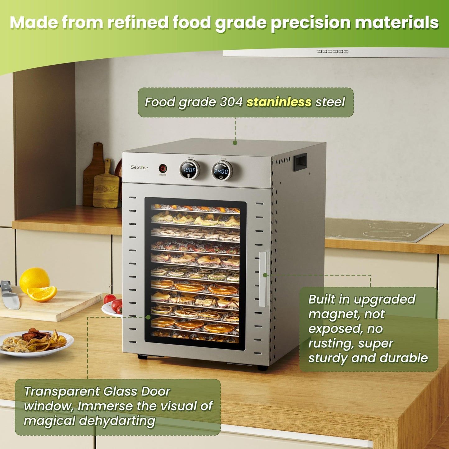 Food Dehydrators Machine with 12 Stainless Steel Trays with Timer Setting Temperature Adjusted 68 ℉ to 194 ℉ Dryer for Herb Fruit Meat Vegetables Mushroom Beef for Commercial Household Pitch Black