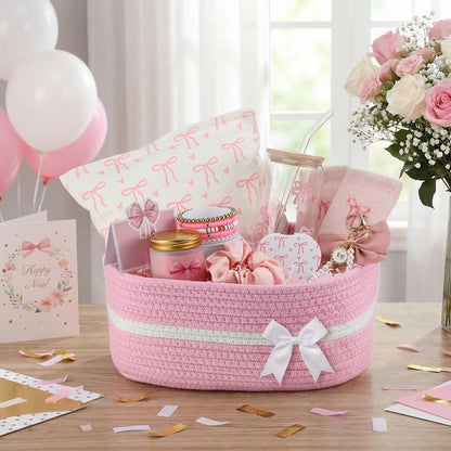 Willinglong 10 Pcs Gift Basket for Teen Girl Coquette Pink Bow Basket Stuffers for Women Coquette Bow Birthday Gift Box for Sister Daughter Friends