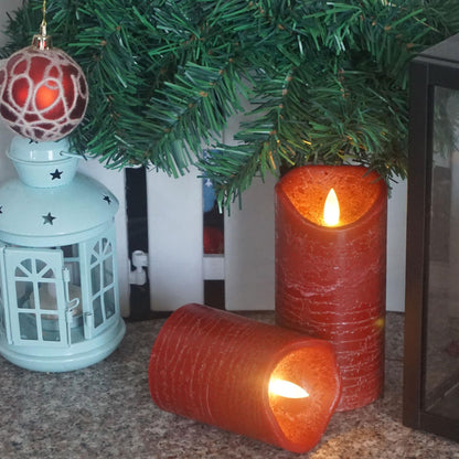 CANDLE CHOICE Battery Operated Flameless Candles with Timer Real Wax Realistic Flickering Electric LED Pillars Automatic Built-in Daily Cycle Timer 6-Hour on 18-Hour Off Set of 3 Rustic Texture Red