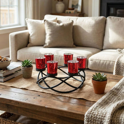 Seraphic Centerpieces for Table Decorations - Round Candle Holders for Outdoor Patio, Dining, Kitchen, Coffee & Wedding Table Decor, Black Iron Candelabra, 6 Red Glass Votive Tealight Cups