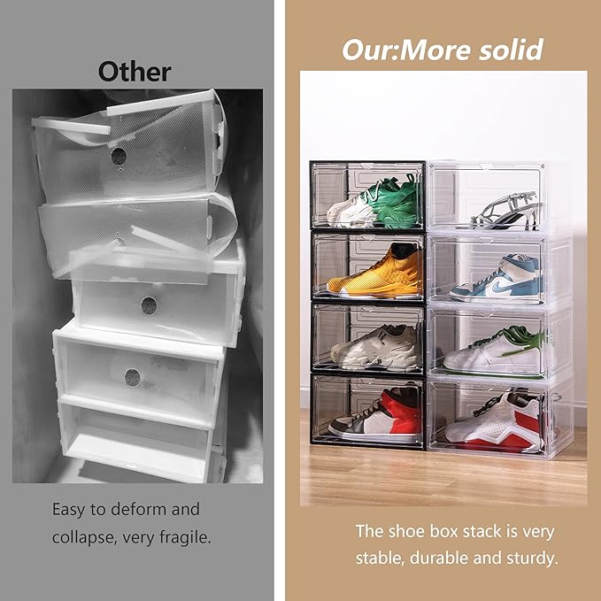Clear Shoe Box Plastic Stackable Upgraded 6 Pack Shoe Storage Box Organizer with Clear Large Magnetic Door for Display Sneakers Easy Assembly White