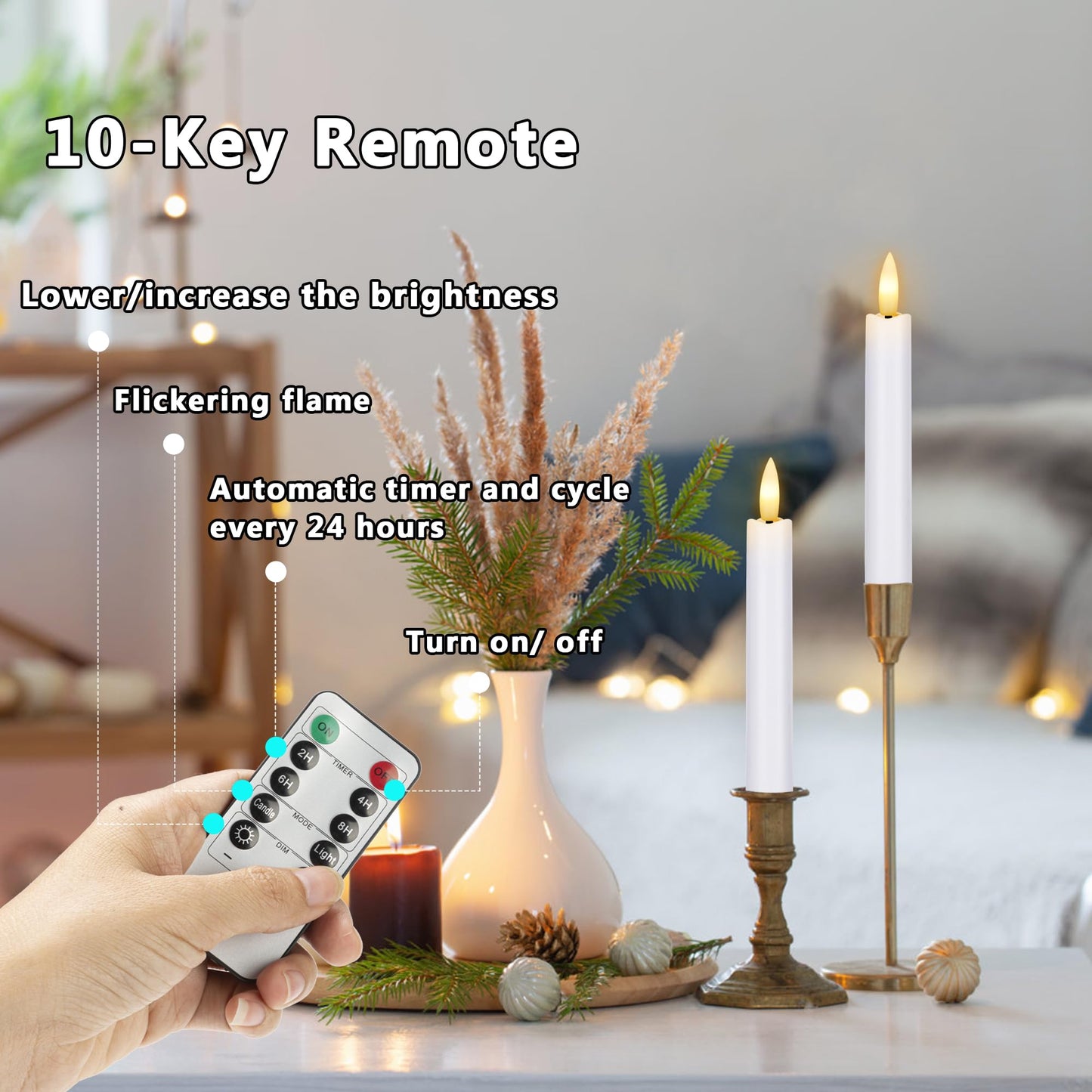 AFINETH Battery Operated Flameless Taper Candles with Remote, 6.4 Inch White LED Candlesticks Flickering, Short Flameless Candles Decorative for Weeding Home Party Festival, 8 Pack