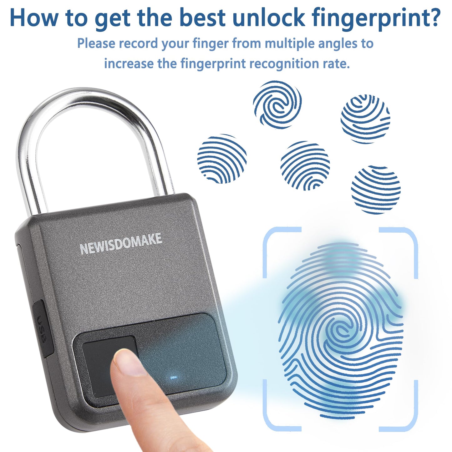 Fingerprint Padlock, Smart Padlock with USB Charging Support, Fingerprint Lock, Biometric Lock Suitable for Luggage, Bookcase, Suitcase, Backpack, Bike, School Locker, Gym Locker Lock(Gray)