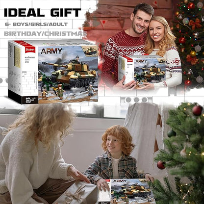 Sluban WW2 Tiger II Army Tank Building Kit Set Military Model Toys with 4 Soldier Figures Gifts for 6-12 Years Kids Old Army Toys Compatible with Lego Tank 930 PCS