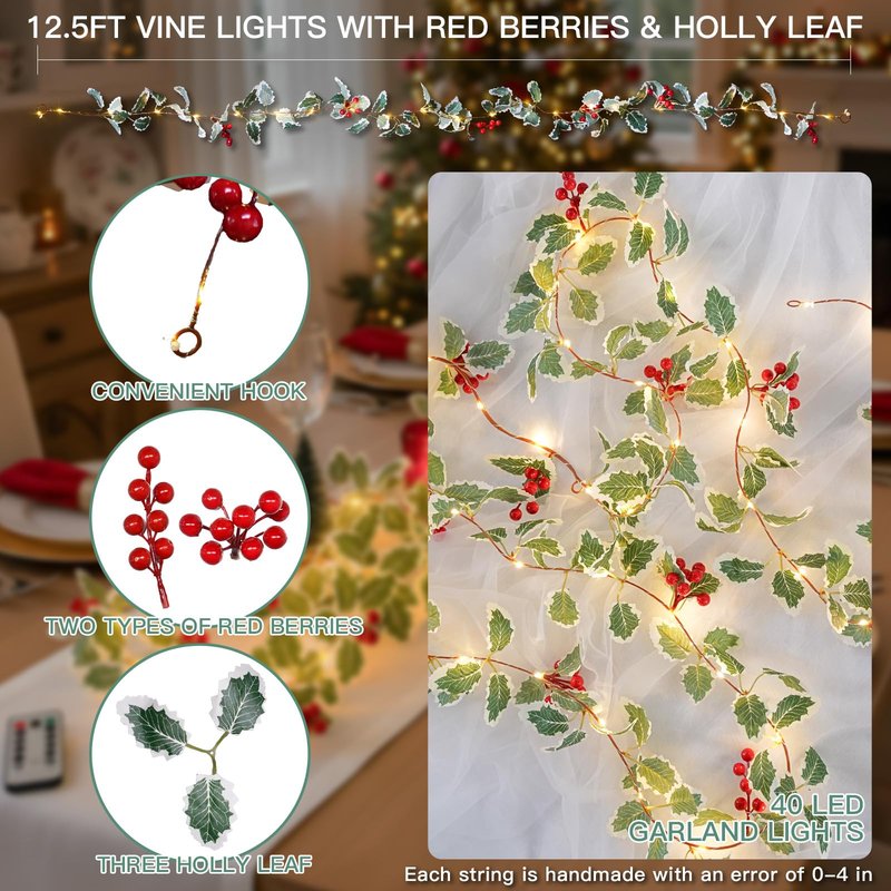 suddus 40 LED Christmas Fairy Lights Battery Powered,12.5ft Vine String Lights with Red Berries & Holly Leaf Timer Remote, Artificial Garlands for Fireplace, Bedroom,Porch,Door,Table,Stairs,Xmas Decor